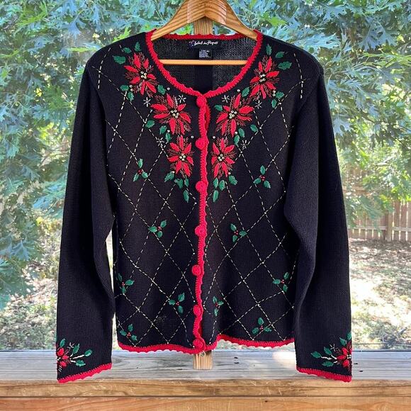 Work in Progress Women's Vintage Holiday Cardigan Sweater Black And Red Size L - Picture 1 of 9